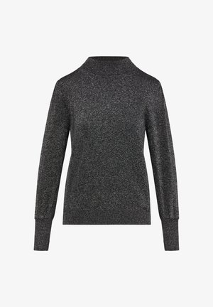 Zwarte glinsterende trui met een hoge kraag en lange mouwen. Gemaakt van een zachte, gestructureerde stof, met een getailleerd design en geribde manchetten.