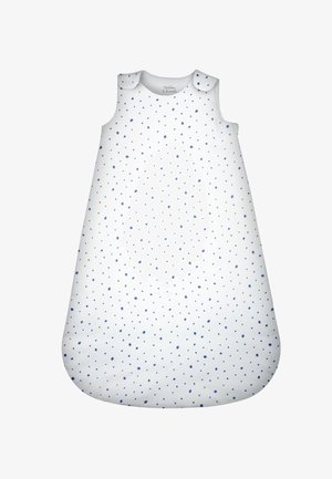 Weißer, ärmelloser Babyschlafsack mit blauem Sternmuster und Druckknöpfen an den Schultern.