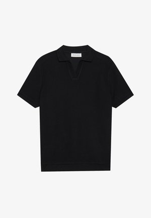 Polo shirt nera a maniche corte in tessuto texturizzato a coste, con scollo a V e orlo dritto. Nessun logo o motivo visibile.