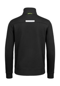 Felpa nera con zip e colletto alto, texture del tessuto e dettaglio riflettente sulla parte posteriore. Maniche lunghe con polsini aderenti.