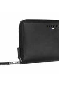 Black leather zip-around wallet featuring a smooth texture and embossed "bugatti" logo, with silver hardware and a detachable strap.