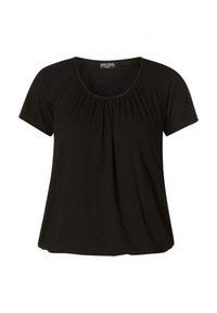 Zwarte top met korte mouwen van zacht materiaal, voorzien van een ronde hals en plooidetails. Eenvoudig ontwerp, geschikt voor casual draagstijl.