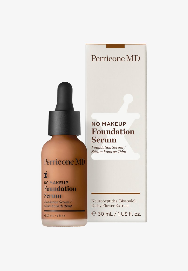 Brown glass dropper bottle labeled "Perricone MD No Makeup Foundation Serum," with a black dropper lid and a white box showcasing product details.