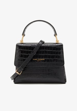 Sac à main en simili-crocodile noir avec une poignée supérieure, une bandoulière amovible et des accessoires en métal doré ; présente une plaque logo en métal.