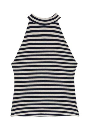 Top smanicato con collo alto, righe orizzontali nere e bianche, silhouette aderente e tessuto morbido a maglia.