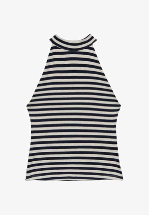 Sleeveless, high-neck top with horizontal black and white stripes, fitted silhouette, and a soft knit fabric texture.