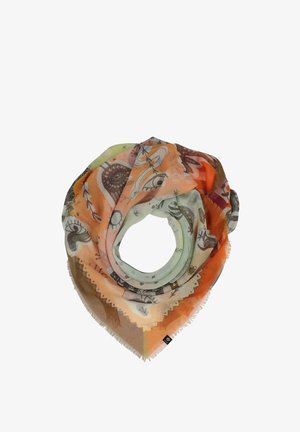 Leichtgewichtiger, mehrfarbiger Schal mit einem abstrakten Design, das Muster von Tieren und Sternen zeigt. Fransen an den Rändern mit dreieckiger Form.