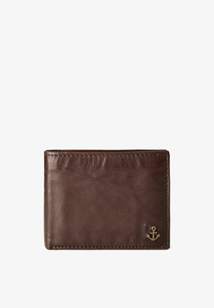 Braune Lederbrieftasche mit glatter Textur, versehen mit einem kleinen goldenen Anker-Emblem und genähten Details entlang der Ränder.