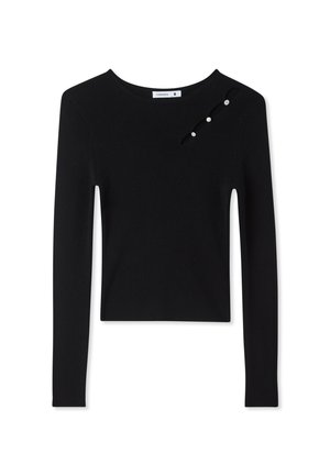 Maglione nero a maniche lunghe con una texture a coste, caratterizzato da un collo rotondo e un accento decorativo di tre piccoli bottoni su una spalla.