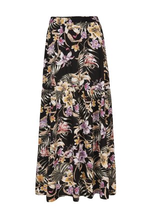 Langer schwarzer Rock mit gestuftem Design, versehen mit einem tropischen Blumenmuster in Gelb-, Rosa- und Grüntönen.
