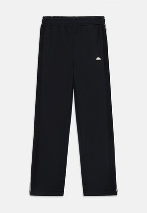 Pantalons de sport noirs avec une taille élastique, des bandes latérales et un petit logo blanc. Fabriqués en tissu lisse et extensible.