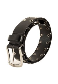 Cintura in pelle nera con occhielli in metallo argentato, una fibbia rettangolare argentata e una superficie liscia, arrotolata per la mostra.
