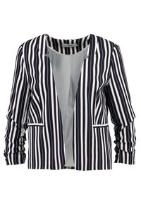 Gestreepte blazer in marineblauw en wit met roze accenten. Heeft een diepe V-hals, twee voorzakken en gerimpelde mouwen. Gemaakt van gladde stof.