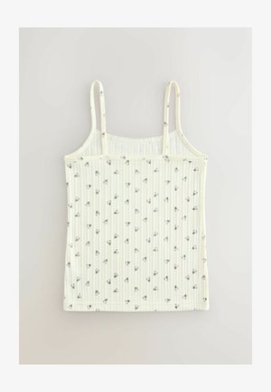 Ribota, šviesiai geltona maikutė su plonytėmis petnešėlėmis, puošta subtilia juoda gėlių raštu. Minkšta medžiaga, kasdieniška išvaizda ir prigludusi forma.