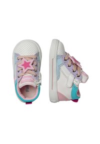 Sneakers colorati per bambini piccoli, con una combinazione di morbide tonalità pastello, materiale testurizzato, un accento a forma di stella rosa e una suola in gomma bianca.