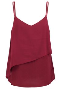 Blusa senza maniche bordeaux con scollatura a V e design a strati, caratterizzata da una texture setosa e una silhouette fluida.