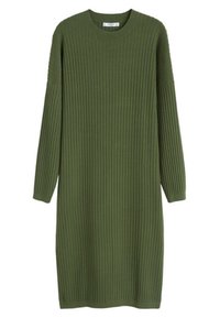 Strickkleid in Olivgrün mit geripptem Muster, langen Ärmeln und rundem Ausschnitt. Gerader Schnitt, knielanges Design.