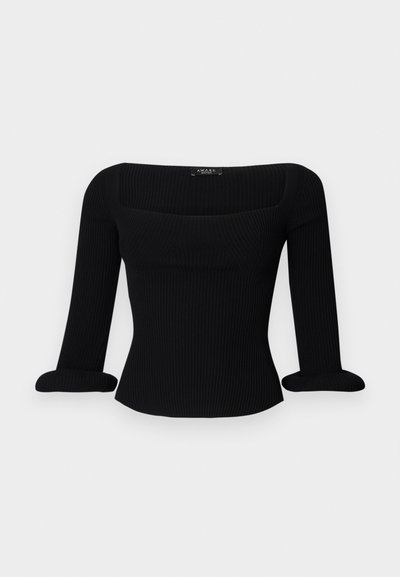 Black ribbed long-sleeve top with a square neckline and rolled cuffs. The fabric has a smooth texture and fitted silhouette.