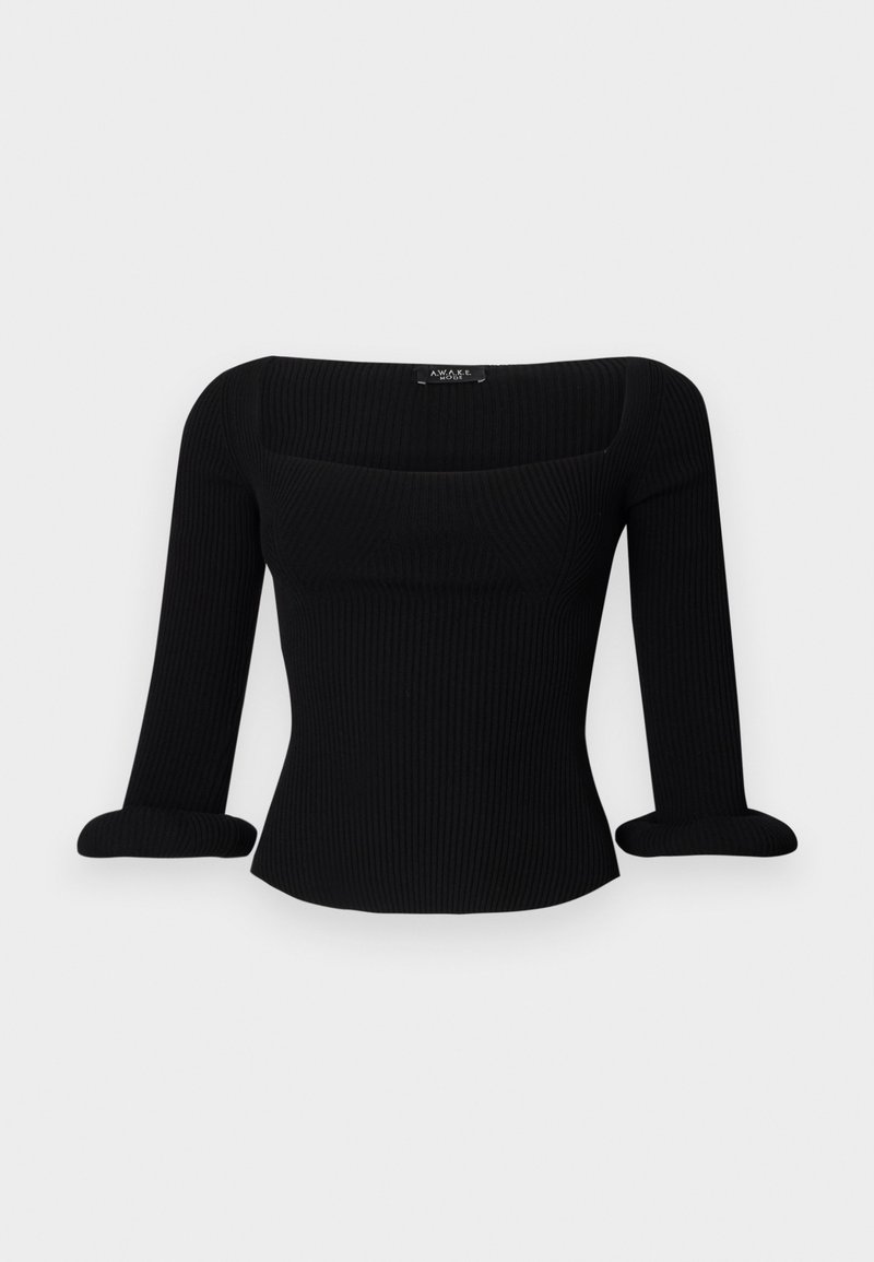 Black ribbed long-sleeve top with a square neckline and rolled cuffs. The fabric has a smooth texture and fitted silhouette.