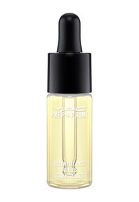 Flacon compte-gouttes en verre avec un couvercle noir, contenant de l'huile essentielle jaune pâle. Comprend un texte imprimé : "MAC PREP + PRIME HUILES ESSENTIELLES."