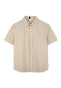 Camicia beige a maniche corte realizzata in tessuto leggero, con colletto e bottoni, taschino sul petto e un piccolo logo ricamato.