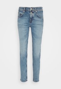 Light blue denim jeans featuring a slim fit, five-pocket design, and a button fly. Distressed accents along the thighs enhance texture.
