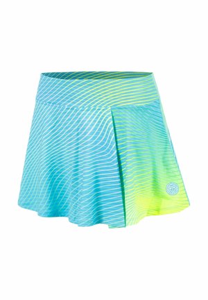 Blauer und grüner Sportrock mit diagonalen Wellenmustern und einem kleinen rundem Logo nahe dem Saum auf weißem Hintergrund.