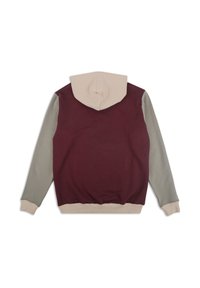 Mikina s kapucňou, marhuľová zadná časť, šedé rukávy a béžová kapucňa. Mäkko tkaný materiál s rebrovanými manžetami a lemom. Bez viditeľných log alebo vzorov.