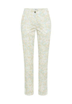 Pantalon slim avec imprimé floral beige et bleu clair, fermeture avant par bouton et zip, et passants pour ceinture.