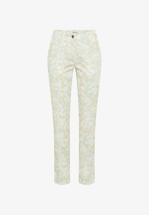 Pantalon slim avec imprimé floral beige et bleu clair, fermeture avant par bouton et zip, et passants pour ceinture.