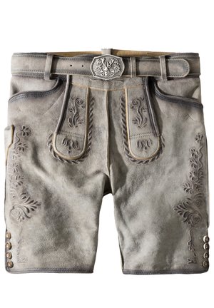 Gray suede shorts featuring decorative embroidery, a wide belt with an ornate metal buckle, and button accents along the side.