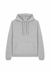 Felpa con cappuccio grigio chiaro realizzata in tessuto morbido, con tasca anteriore, cappuccio regolabile con cordino e polsini a coste, priva di loghi o motivi visibili.