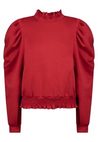 Rotes Langarmoberteil mit hohem, gerafftem Ausschnitt, gepufften Schultern und einem gesmokten unteren Saum mit strukturiertem Finish.