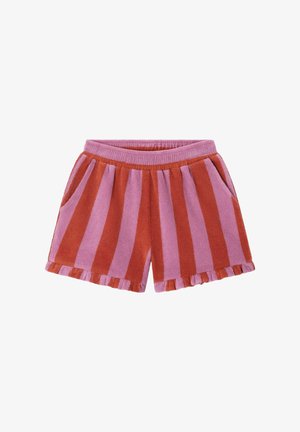 Short en éponge rayé avec des bandes verticales alternées rose et orange-rouge, taille élastique, poches latérales et ourlets froncés.