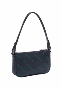 Granatowa skórzana torebka na zamek, z zielonym wzorem logo "LIEBESKIND BERLIN" oraz wąskim, regulowanym paskiem.
