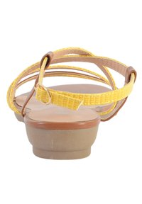 Sandali gialli con cinturini, suola marrone, dotati di cinturini intrecciati e punta liscia. La vista posteriore mette in evidenza il design dei cinturini e la forma del tacco.