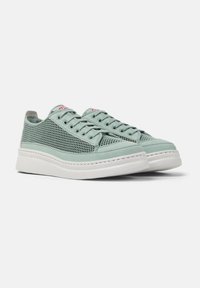 Light green mesh sneakers with a smooth leather toe cap and white rubber sole. Features lace-up design and branded tongue accent.