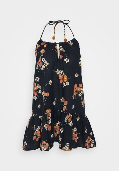 Črna halter obleka s cvetličnim potiskom v oranžni in beli barvi. Ima ključavnico na vratu, vezane naramnice in nabran rob za dodatno teksturo.