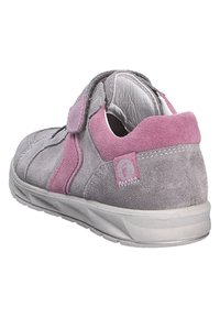 Gray suede shoe with pink accents, hook-and-loop closure, rounded shape, and a textured upper. Features a durable gray rubber sole.