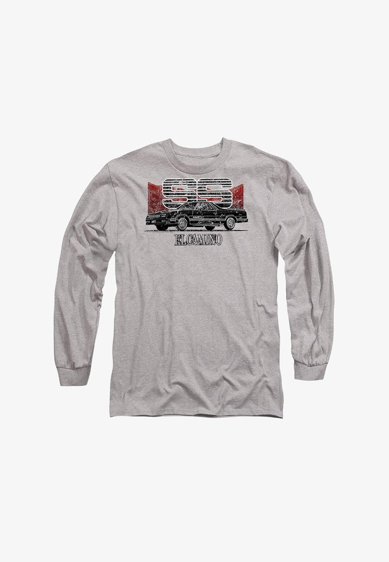 Graues Langarm-T-Shirt mit einem Grafikmotiv eines klassischen Autos und dem Text "SS El Camino", das retro Design und kräftige Farben hervorhebt.