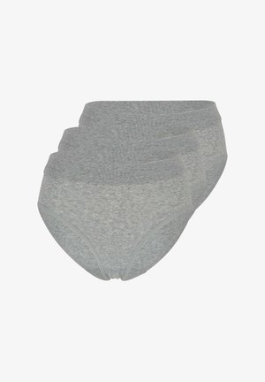 Drei Paar schlichte graue Baumwoll-Slips mit hoher Taille übereinander gestapelt, Vorderseite und Bunddetails auf weißem Hintergrund sichtbar.