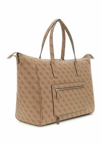 Sac fourre-tout motif beige avec double poignées, une poche zippée à l'avant et des bordures noires. Fabriqué en matériau solide, présentant une forme rectangulaire.