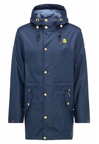Marinblå vattentät jacka med huva, gula detaljer i metall, framfickor och knappstängning. Har justerbara dragsnören på huvan.