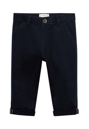 Pantalon en coton bleu marine avec deux poches avant, une fermeture à bouton unique et des revers pour une coupe décontractée. Texture lisse et design ajusté.