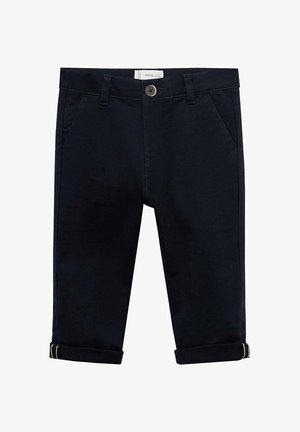 Pantalon en coton bleu marine avec deux poches avant, une fermeture à bouton unique et des revers pour une coupe décontractée. Texture lisse et design ajusté.