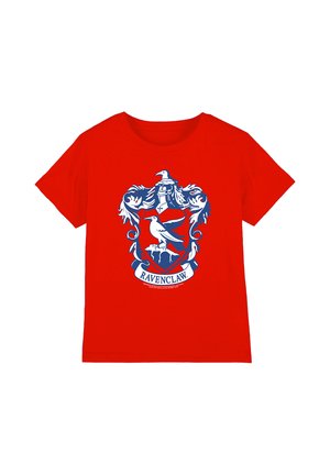 Red short-sleeve T-shirt with blue and white Ravenclaw crest featuring a bird and decorative flourishes on the front.