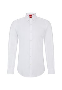 White long-sleeve shirt with a collared neck, featuring a button-down front and soft, smooth fabric. No patterns or accents visible.