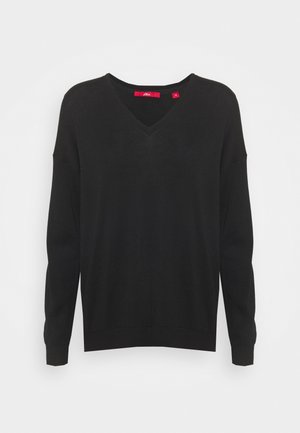 Pull noir à manches longues avec col en V, coupe décontractée, poignets et ourlet côtelés, sur fond blanc uni.