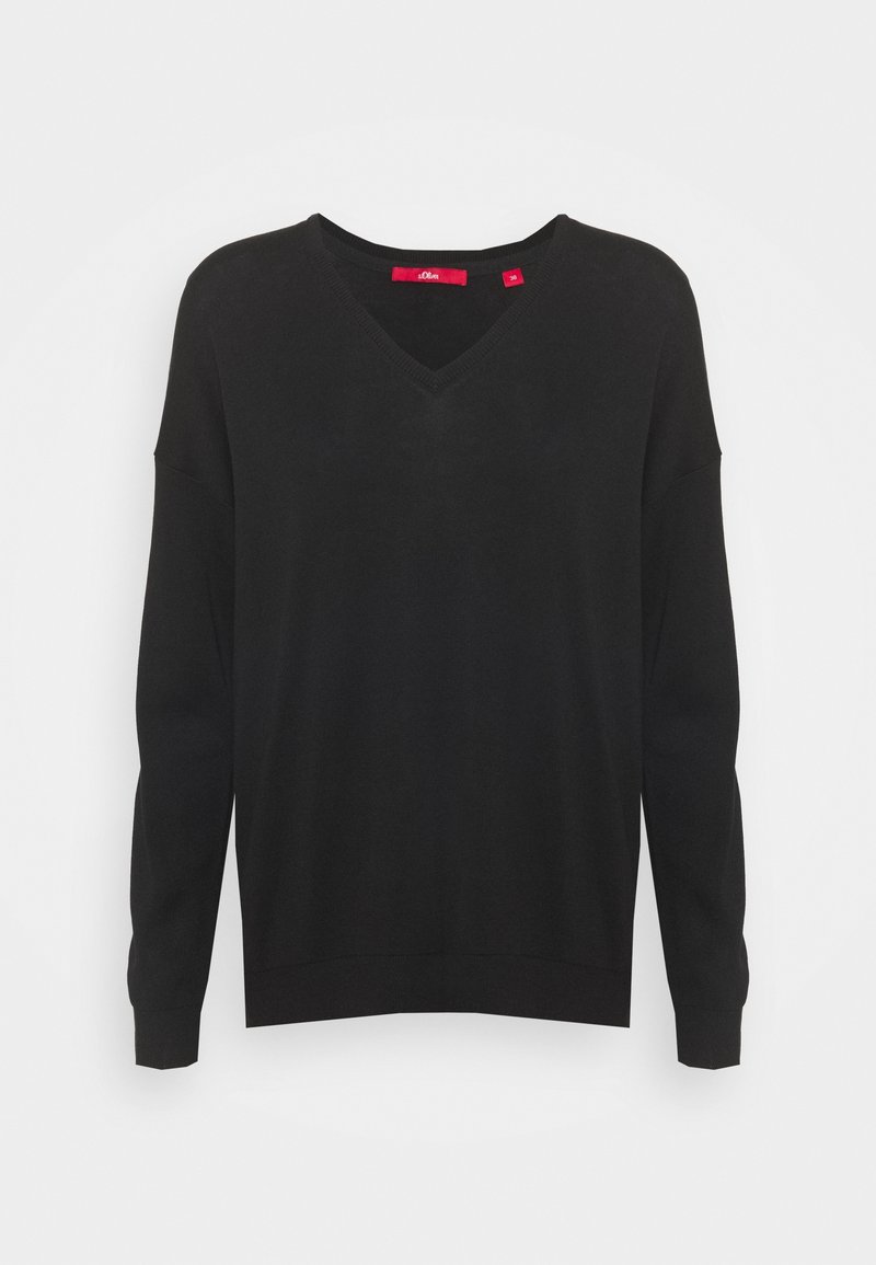 Pull noir à manches longues avec col en V, coupe décontractée, poignets et ourlet côtelés, sur fond blanc uni.