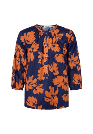Marinebluse mit großem orangefarbenem Blumenmuster, Rundhalsausschnitt, Knopfverschluss und Dreiviertelärmeln. Weicher Stoff mit leichtem Glanz.